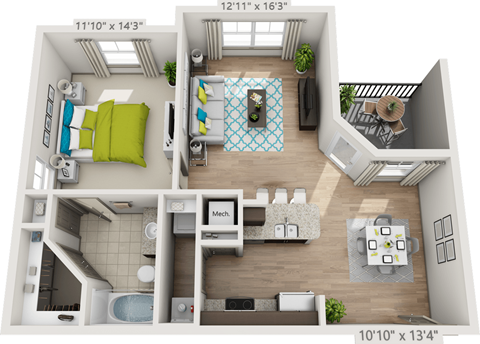 Floor plan for 1 bed, 1 bath, 834 sqft